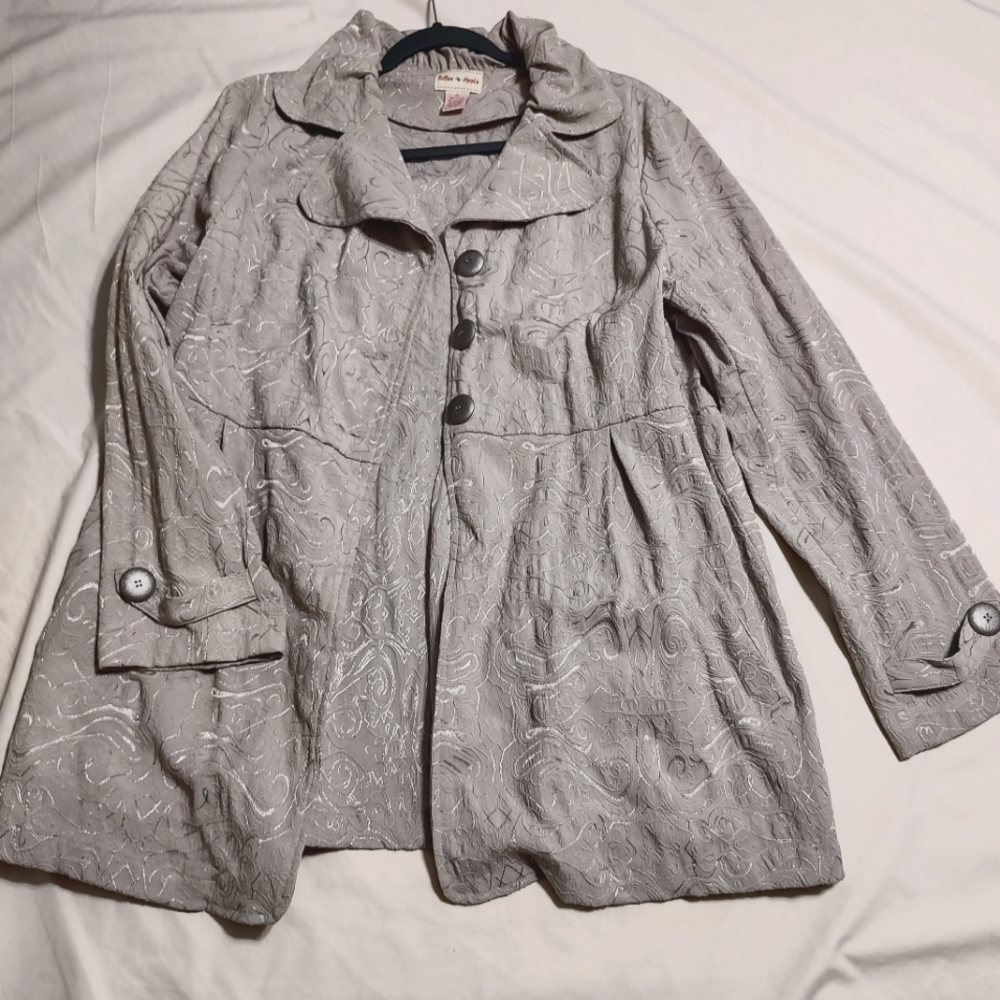 Toffee Apple XL Gray Silver Ruffled Collar Jacquard Brocade Peplum Jacket